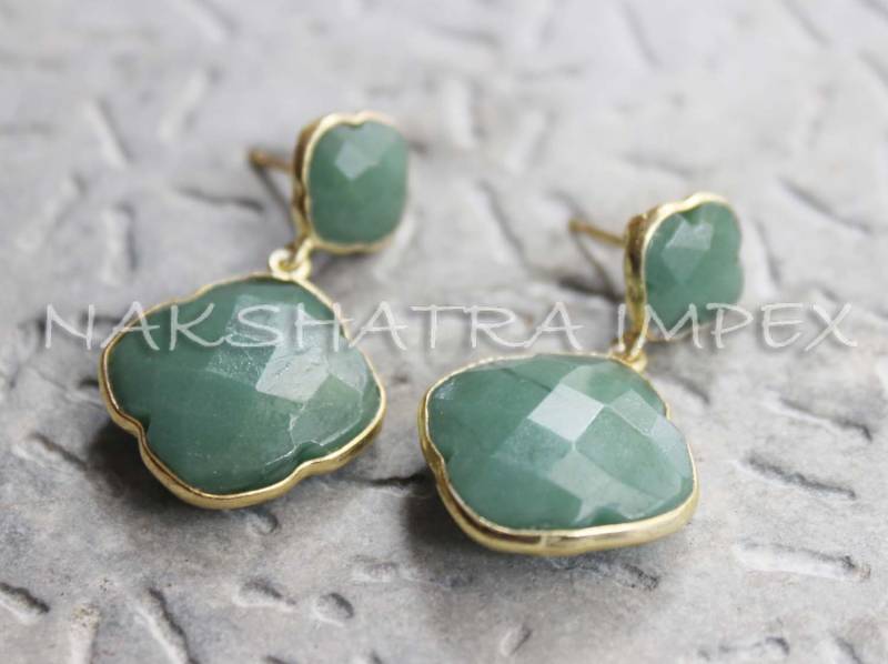 Natürlichen Grünen Aventurin 10mm & 18mm Klee Briolette 925 Sterlingsilber Gold Plattiert Ohrringe Baumeln von NAKSHATRAIMPEX