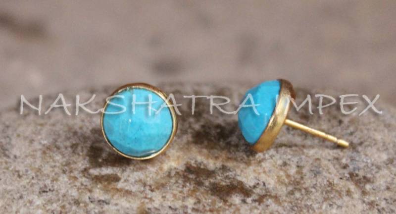 Natürlicher Türkis Rund Karo Schliff 925 Sterling Silber Vergoldet Glatte Finish Ohrstecker - Stablished Facettierte Vermeil Ohrringe von NAKSHATRAIMPEX
