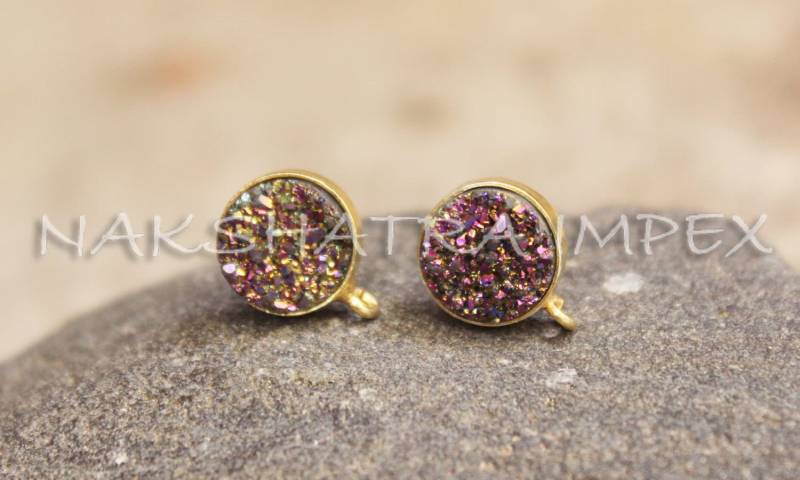 Platin Beschichtet Druzy 10mm Rund Facettiert 925 Sterlingsilber Gold Plattiert Glatte Oberfläche Ohrstecker Mit Schleife von NAKSHATRAIMPEX