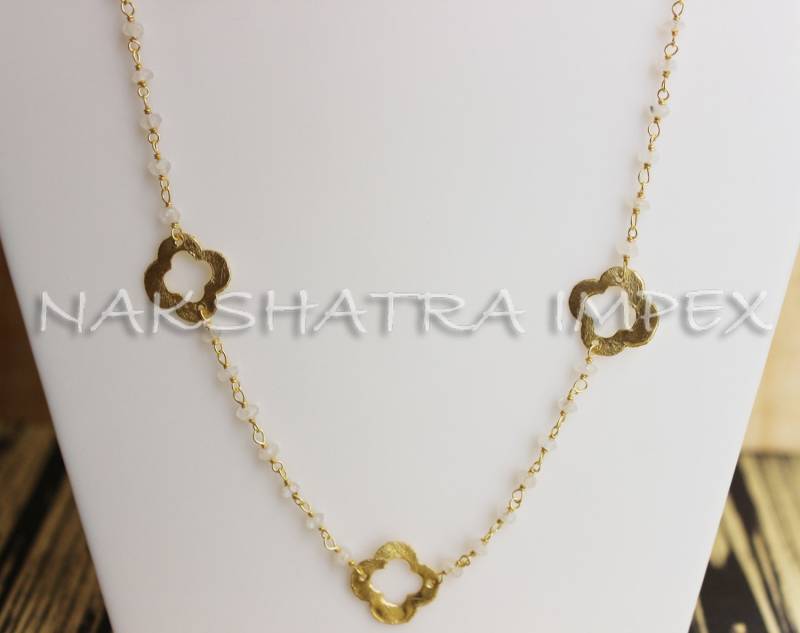 Regenbogen Mondstein 3-4 Mm Rondelle Facette 925 Sterling Silber Perlen Kette Gold Vergoldet Halskette Mit Goldmessing Klee Rundum von NAKSHATRAIMPEX