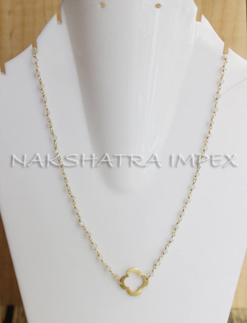 Regenbogen Mondstein 3-4mm Roundel Facett 925 Sterling Silber Perlen Kette Gold Halskette Mit Kleiner Größe Klee & 2 Zoll Verstellbar von NAKSHATRAIMPEX