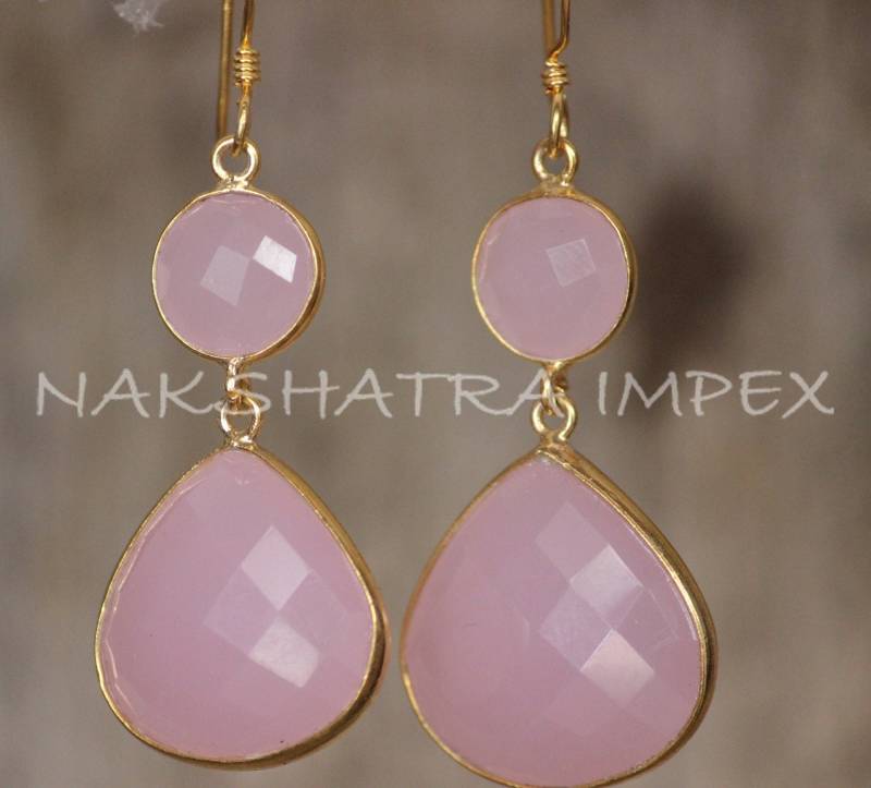 Rosenquarz Chalcedon Runde & Herz Briolette 925 Sterling Silber Vergoldet Ohrhaken Ohrringe von NAKSHATRAIMPEX