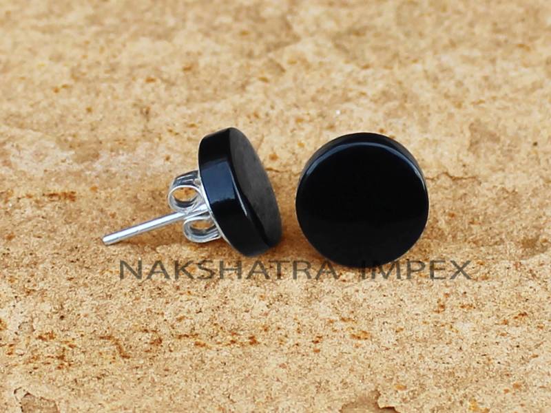 Schwarzer Onyx Runde Flache Ohrringe, Natürlicher Münzen Form Ohrstecker, Kreis Scheibe 925 Silber Diy Rohstein Schmuck von NAKSHATRAIMPEX