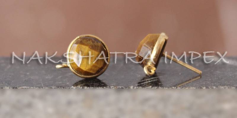 Tiger Eye 10mm Rund Facettiert 925 Sterlingsilber Gold Plattiert Glatte Oberfläche Ohrstecker Mit Schleife von NAKSHATRAIMPEX