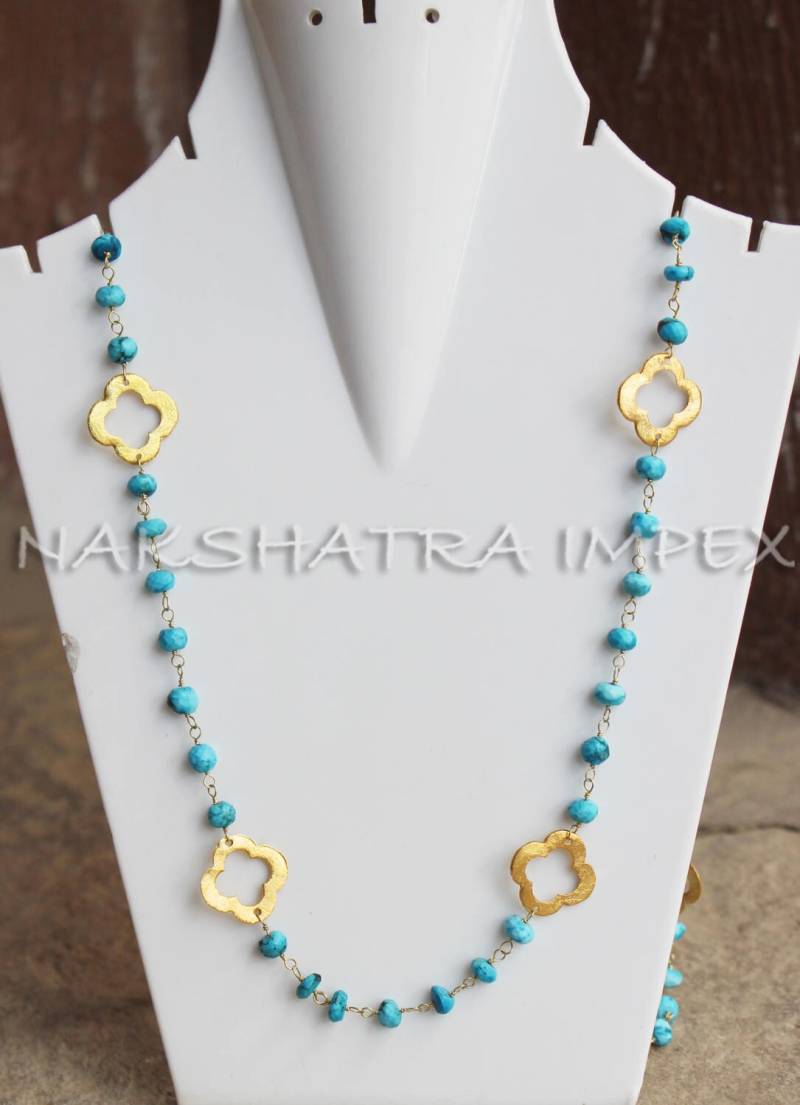 Türkis 6mm Rondelle Facette 925 Sterling Silber Perlen Kette Vergoldet Halskette Mit Gold Messing Klee Rundherum von NAKSHATRAIMPEX