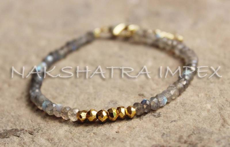 Wunderschöne Labradorit & Goldenen Pyrit Zoll 3-4 Mm Rondelle Facettierten Perlen 6, 50 Gold Vergoldet Armband von NAKSHATRAIMPEX