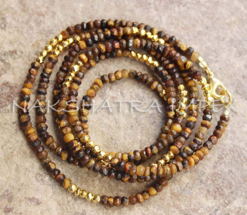 Wunderschönes Tigerauge & Goldener Pyrit 3-4mm Roundel Facettierte Perlen Vergoldete Halskette von NAKSHATRAIMPEX