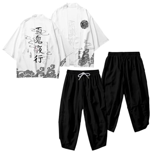 NALSA Anime Haori Kimono für Männer, Japanisches Traditionelles Teufel Druck Cardigan Hosen Set, übergroße Lässige Dünne Jacke,B002-XXLarge von NALSA