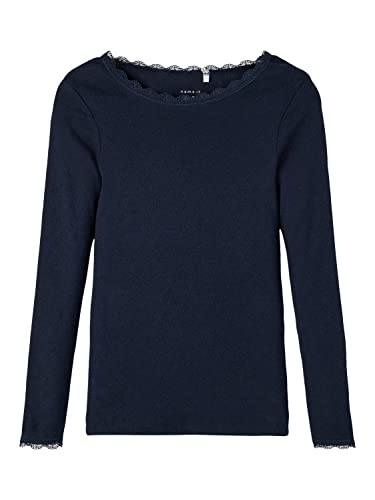 NAME IT Mädchen Langarmshirt unifarben Lochmuster nkfVITTE (110, Dark Sapphire (Dunkelblau)) von NAME IT