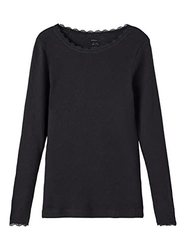 NAME IT Mädchen Langarmshirt unifarben Lochmuster nkfVITTE (122/128, Schwarz/Black) von NAME IT