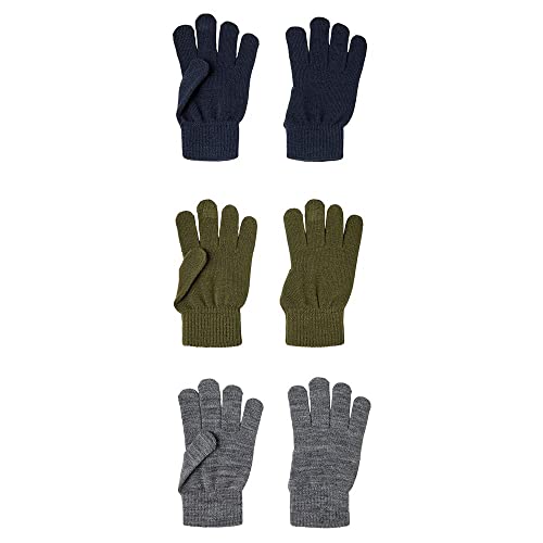 NAME IT Unisex Kinder NKNMAGIC Gloves 3P NOOS Handschuhe, Olive Night/Pack:3PACK with Grey Mel./Dark Sapphire, 5 (3er von NAME IT
