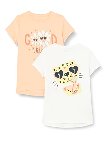 name it Girl's NMFVIX 2P SS TOP F1 T-Shirt, Bright White/Pack:Peach Nectar, 92 von NAME IT