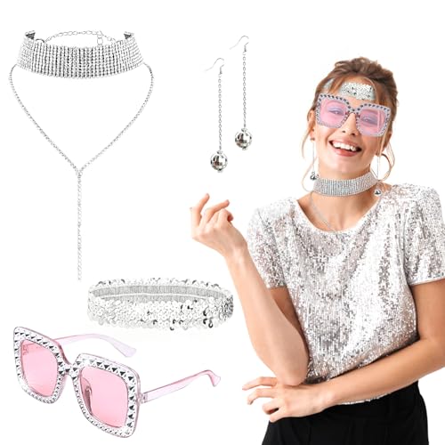 NAMIS 5STK Disco Accessoires, 70er Jahre Outfit Damen Disco Glitzer Accessoires Pailletten Sonnenbrille Haarband Ohrringe Halskett Glitzer Kostüm Zubehör für Fasching Party Karneval von NAMIS