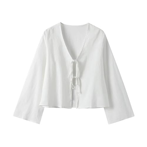 NAMLAY Schnür-Hemd für Damen, zum Binden vorne, Puffärmel, Schößchen, Rüschensaum, Freizeithemd mit Schleife, weiß, M von NAMLAY