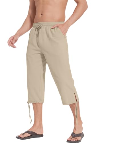 NANAMEEI 3/4 Länge Hosen Sommerhose Leichte Sommerhose Herren Herren Leinen-Shorts Strand Yoga Jogger Casual Sweatpants Khaki-M von NANAMEEI