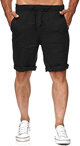 NANAMEEI Baumwolle Leinenhose Herren Kurz Freizeithose Herren Taschen Sommerhose mit Kordelzug Schwarz 3XL von NANAMEEI