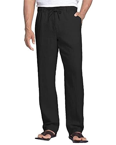 NANAMEEI Baumwolle Leinenhose Herren Lang Freizeithose Herren Taschen Sommerhose mit Kordelzug Schwarz 3XL von NANAMEEI