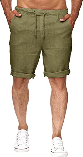 NANAMEEI Baumwolle Leinenhosen Herren Kurz Leinenhose Herren Sommer Freizeithose Herren Baggy Strandhose für Männer mit Kordelzug Taschen Army Grün 3XL von NANAMEEI