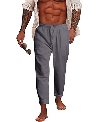 NANAMEEI Baumwolle Leinenhosen Herren Lang Leichte Strandhose Herren Leinenhose Sommerhose Casual Herren Leinenhose Yoga Dunkelgrau 2XL von NANAMEEI