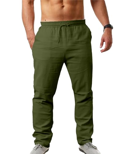 NANAMEEI Herren Leinenhose Lang Baumwolle Leicht Sommer Freizeit Loose Fit Strand Yoga Armee grün 3XL von NANAMEEI