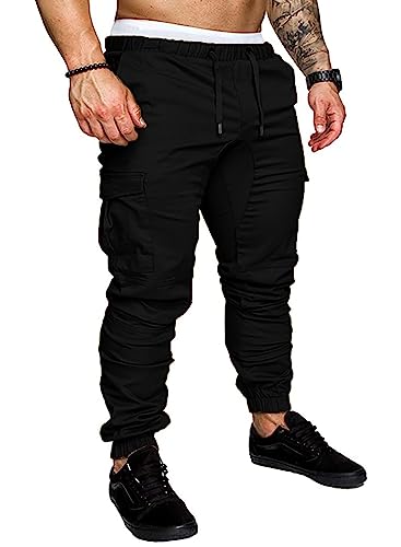 NANAMEEI Cargohose für Herren, aus Baumwolle, Sport, Jogging, Slim Fit, lässig, Arbeit, elastischer Bund mit 6 Taschen, Schwarz , XXL von NANAMEEI