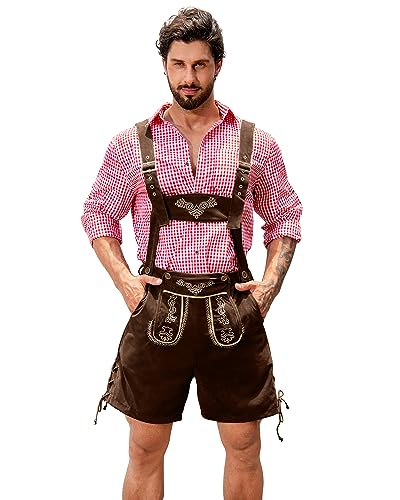 NANAMEEI Elegant Herren Kurze Trachten Lederhose Oktoberfest Hosen mit Träger Kodelzug Trachtenhose Herren Dunkel Braun 2XL von NANAMEEI