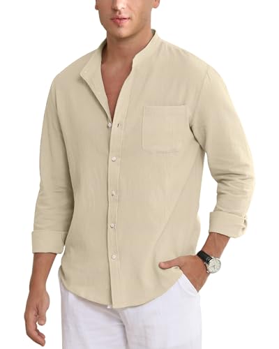 NANAMEEI Freizeithemd Männer Leinenhemd Herren Sommer Hemd Ohne Kragen Knopf Khaki M von NANAMEEI