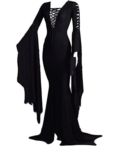 NANAMEEI Halloween Kleid, Größes Gothic Kostüm Damen mit Weiten Ärmeln und Elastischem Stoff, Vampirhexe Karneval Party Outfit, Schwarz 2XL von NANAMEEI