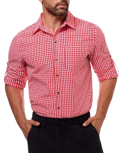 NANAMEEI Hemd Herren Langarm Trachtenhemd Oktoberfest Kariertes Freizeithemd Karo Bayrisches Festhemd Regular Fit Rot L von NANAMEEI