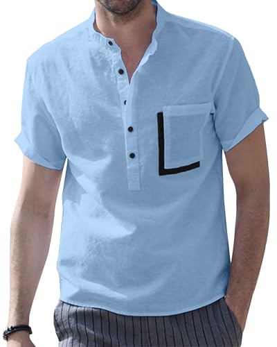 NANAMEEI Hemd Herren Sommer Leinenhemd Freizeit Kurzarmhemd Regular Fit Freizeithemd,Himmelblau,2XL von NANAMEEI