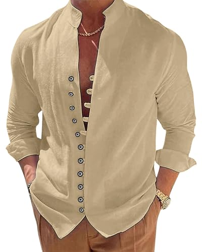 NANAMEEI Leichtes Sommerhemd Strandhemd Herren Langarm Herren Freizeithemd Langarm Leinen Stehkragen Shirt Khaki M von NANAMEEI