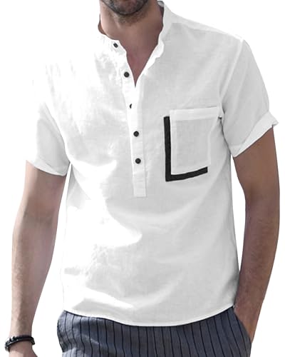 NANAMEEI Herren Hemd Kurzarm Leinenhemd Button Down Hemd Casual Sommerhemd,Weiß,L von NANAMEEI