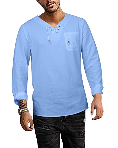 NANAMEEI Herren Hemd Langarm Sommer Hemden Freizeithemden Leinenhemd Herren Baumwolle Casual Leicht Shirts Himmelblau 3XL von NANAMEEI