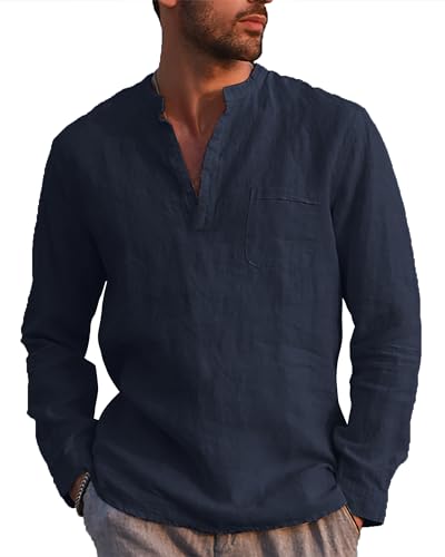 NANAMEEI Männer Hemd Langarm Henley Shirt Freizeithemd Leinenhemd Regular Fit Sommerhemd mit Tasche Navy Blau 3XL von NANAMEEI