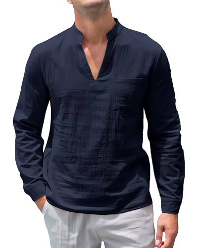 NANAMEEI Männer Hemd Langarm Henley Shirt Freizeithemd Leinenhemd Regular Fit Sommerhemd mit Tasche Navy Blau 3XL von NANAMEEI