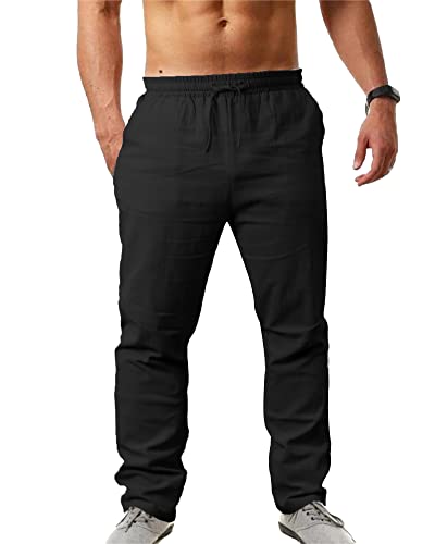 NANAMEEI Herren-Hose, Baumwolle, Leinen, lässig, Strand, leicht, Sommer, lässig, Yoga, mit elastischem Kordelzug, große Größe, Schwarz , XL von NANAMEEI