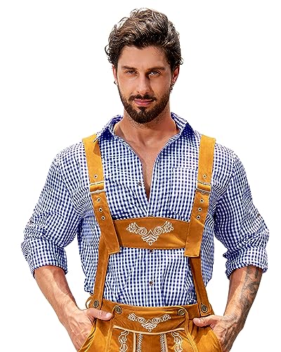 NANAMEEI Herren Kariertes-Langarm-Hemd Oktoberfest Trachtenhemd Herren Slim-Fit-Herrenhemden Kariert Hemden Blau 2XL von NANAMEEI