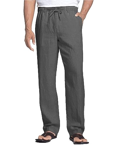 NANAMEEI Herren Lang Leinenhose Herren Sommer Freizeithose Herren Baggy Strandhose für Männer mit Kordelzug Taschen Dunkel Grau 2XL von NANAMEEI