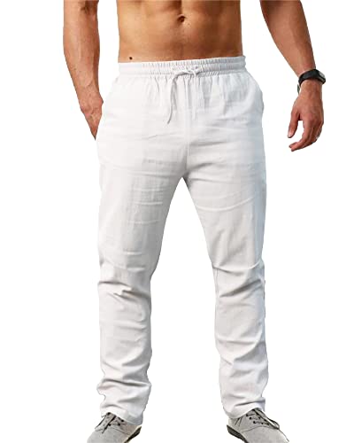 NANAMEEI Herren Leinenhose Baumwolle Casual Solid Kordelzug Hose Lose Herren Hose, weiß, 34-37 von NANAMEEI