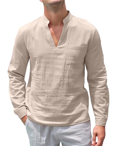 NANAMEEI Stehkragenhemd Herren Baumwolle Leinen Langarm Henley Hemd Sommer Khaki 3XL von NANAMEEI