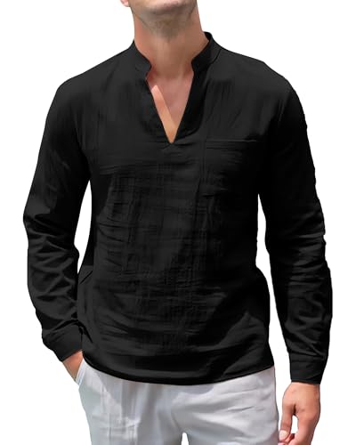 NANAMEEI Baumwolle Leinen Langarm Henley Hemd Sommer Oberteil Herren Sommer Schwarz 3XL von NANAMEEI