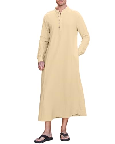 NANAMEEI Kaftan Herren Leinen Nachthemd Für Herren Abaya Herren Lange Ärmel Thobe Kaftan Herren Lang Kostüm Khaki XL von NANAMEEI