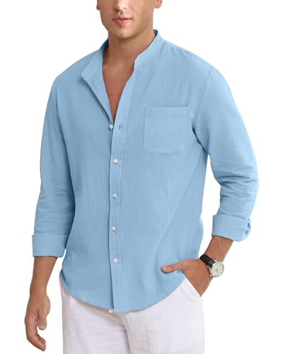 NANAMEEI Leichtes Leinenhemd Herren Stehkragenhemd Regular Fit Sommer Hellblau M von NANAMEEI