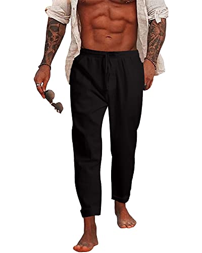 NANAMEEI Leinenhose Herren Slim Fit Sommerhose Lang Strandhose Yoga Leinen Schwarz 2XL von NANAMEEI