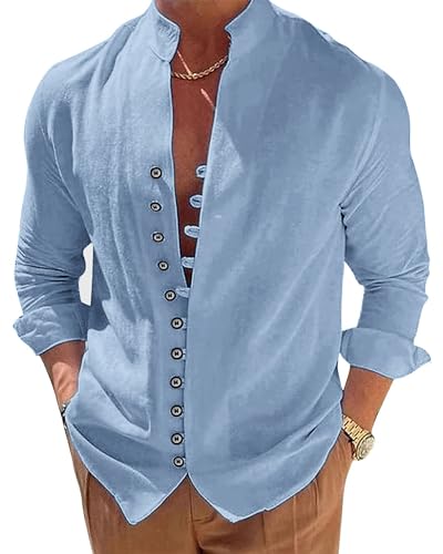 NANAMEEI Leinen Shirt Herren Langarm Henly Shirt Leinenhemd Freizeithemd Stehkragenhemd mit Knopfleiste Blau 2XL von NANAMEEI