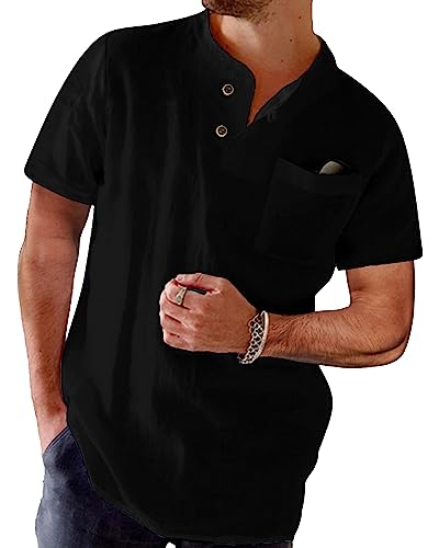 NANAMEEI Leinenhemd Herren Kurzarm Strandhemd Herren Kurzarm Freizeithemd Herren Sommer Männer Hemd Schwarz 2XL von NANAMEEI