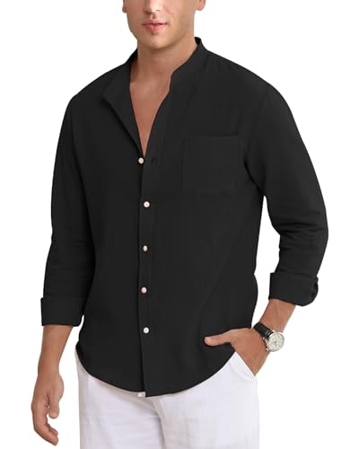 NANAMEEI Herren Leinenhemd Schwarz M Sommerhemd Langarm Freizeithemd Leinen Hemd Knopfleiste von NANAMEEI