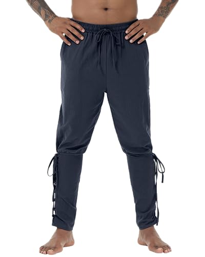 NANAMEEI Leinenhose Gothic Herren Schnürhose Wikinger Herren Wikinger Renaissance Steampunk Freizeithose Herren Wikinger Hose Herren Navy 2XL von NANAMEEI