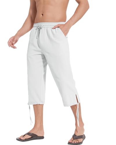 NANAMEEI Leinenhose Herren Kurz 3/4 Hose Herren mit Taschen Sommer Kurze Strandhose Haremshose Yoga Jogger Loose Fit Freizeithose für Männer Weiß-3XL von NANAMEEI