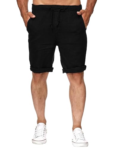NANAMEEI Sommerhose Herren Leinenshorts kurz Freizeit Hose Leinen Kurz Sommershorts für Herren Schwarz 2XL von NANAMEEI